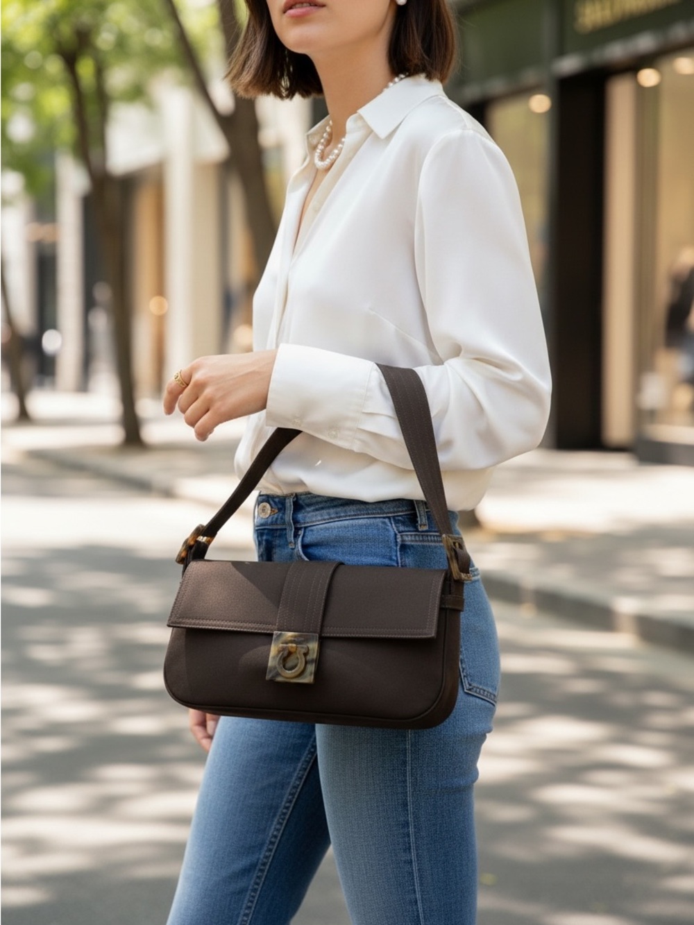 Salvatore Ferragamo Black Canvas Gancini Shoulder Bag Made in Italy